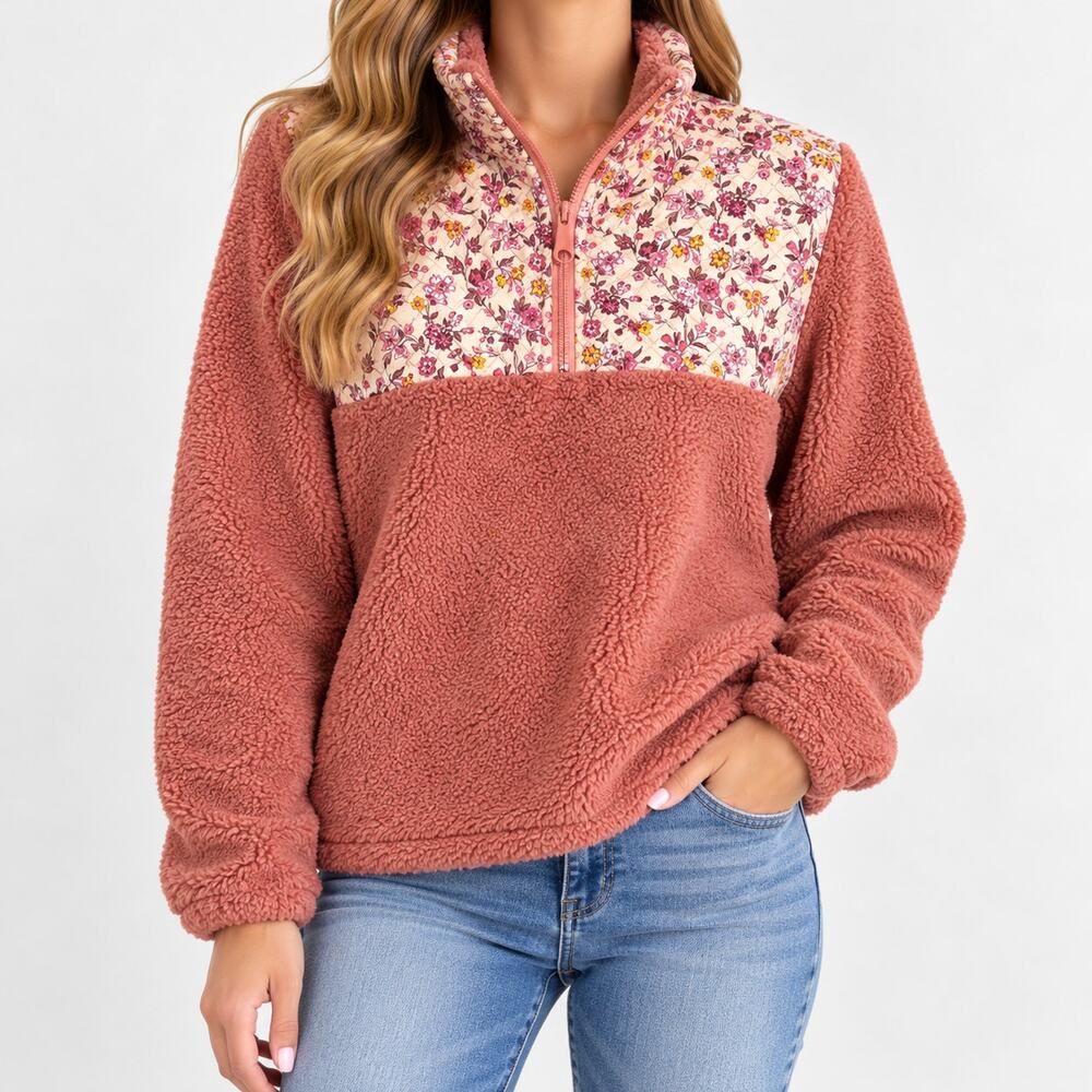 Vera Bradley Womens S/M Rust Floral Sherpa Teddy Fleece Half Zip Pullover Cozy